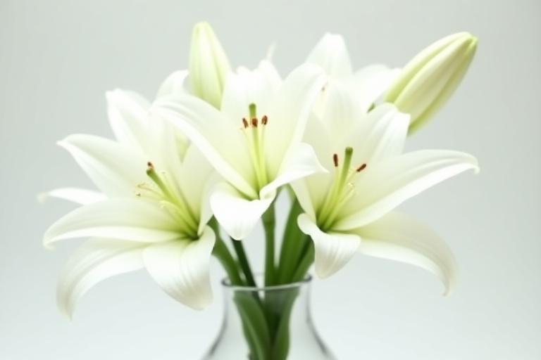 Ein elegantes Gesteck aus weißen Lilien und grünen Akzenten, passend für Jahrestage oder als Genesungsgruß.